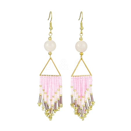 Arrow Tassel Glass Seed with Natural Rose Quartz Boho Dangle Earrings EJEW-MZ00146-1