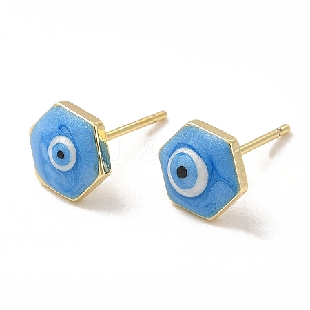 Enamel Hexagon with Evil Eye Stud Earrings EJEW-E274-03G-01-1