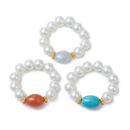 Oval Synthetic Turquoise & Natural Red Aventurine & Aquamarine Beaded Finger Rings RJEW-JR00768-1