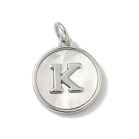 Brass Pave Natural Shell Flat Round with Letter Charms KK-Z115-13P-K-1