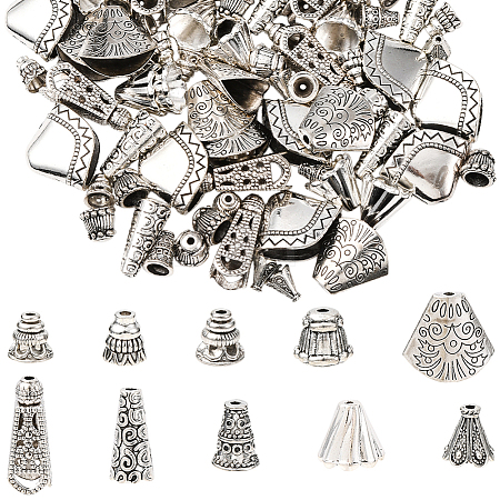 100Pcs 10 Styles Tibetan Styles Alloy Bead Cone & Caps FIND-SP0020-73C-1