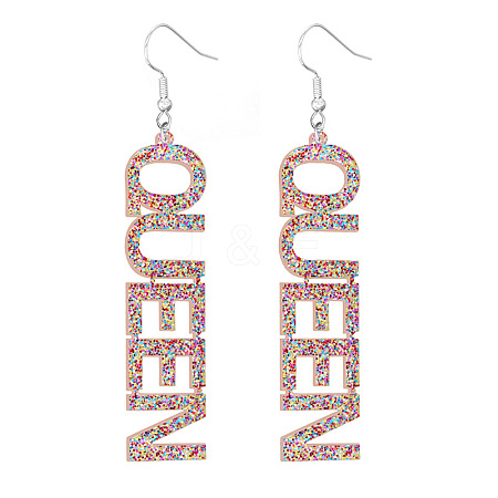 Bling Acrylic Word Queen Dangle Earrings GIPO-PW0001-017O-1