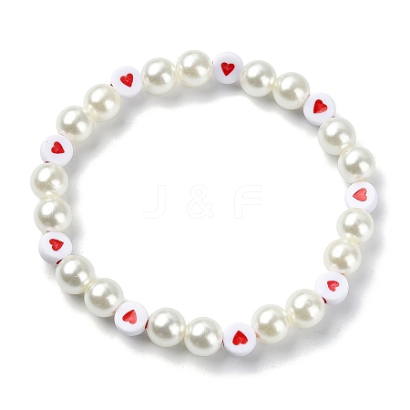 Heart & Imitated Pearl Acrylic Beaded Stretch Bracelets BJEW-JB10025-1