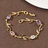 Brass Micro Pave Cubic Zirconia Oval & Leaf Link Chain Bracelets for Women BJEW-G764-05G-01-3