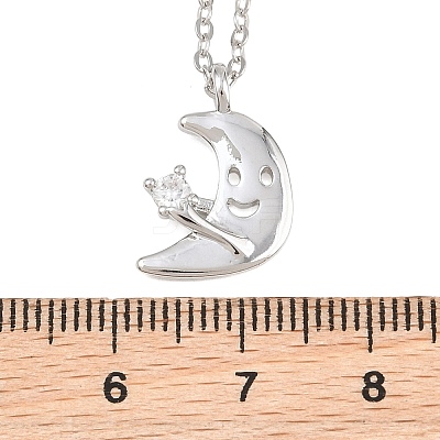 Brass Pave Clear Cubic Zirconia Smiling Face Moon Pendant Necklaces KK-CBA6599-04B-P-1