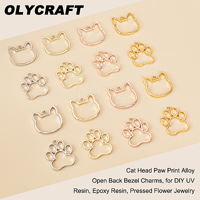 32Pcs 8 Styles Cat Head Paw Print Alloy Open Back Bezel Charms PALLOY-OC0002-99-1