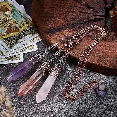 3Pcs Cone Natural Rose Quartz & Amethyst & Malaysia Jade & Cherry Quartz Glass Dowsing Pendulums PALLOY-MA00007-1