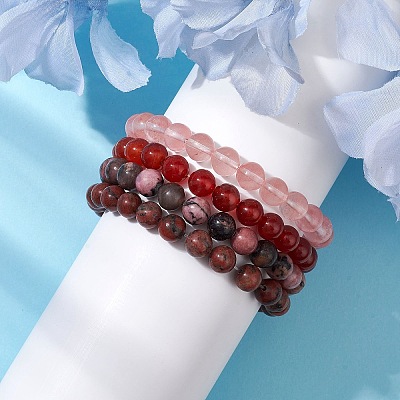 4Pcs Constellation 8mm Round Natural Sesame Jasper & Carnelian & Rhodonite BJEW-JB10636-1