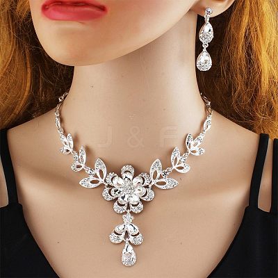 Flower Alloy Rhinestone Pendant Necklaces & Teardrop Stud Dangle Earrings Sets FS-WG19EE6-01-1
