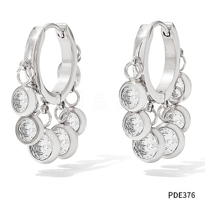 304 Stainless Steel Cubic Zirconia Flat Round Tassel Chandelier Earrings FS-WG9F9FA-04-1