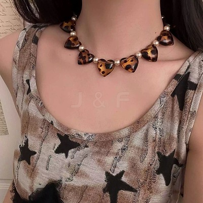 Leopard Print Acrylic Heart and Round Imitation Pearl Beaded Necklaces FS-WG140B1-01-1