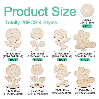 20Pcs 4 Styles Flower Unfinished Wood Display Decorations for DIY Painting Decoration Crafts DJEW-TA0001-38-1