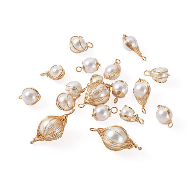 24Pcs 6 Style ABS Plastic Imitation Pearl Wire Wrapped Pendants KK-SW0001-07-1