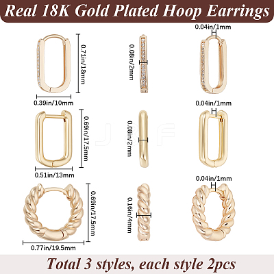 6Pcs 3 Styles Brass Hoop Earrings EJEW-BBC0001-30-1