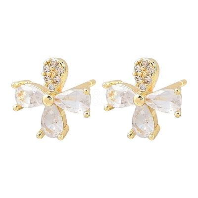 Flower Brass Micro Pave Clear Cubic Zirconia Stud Earrings EJEW-F400-01A-G-1