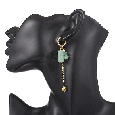 304 Stainless Steel Green Aventurine Heart Tassel Hoop Earrings EJEW-JE06731-02-1