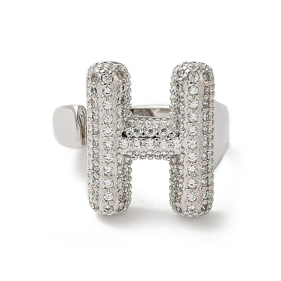Letter Brass Micro Pave Clear Cubic Zirconia Open Cuff Ring for Women RJEW-N046-03H-P-1