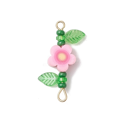 6Pcs 6 Styles Handmade Polymer Clay Flower & Glass Seed Beaded Connector Charms PALLOY-MZ00801-1
