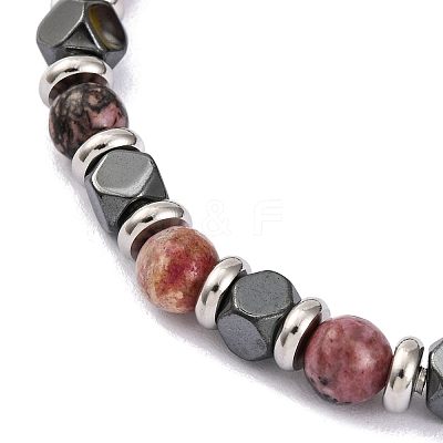 Natural Rhodochrosite & Synthetic Hematite Round Beaded Bracelet BJEW-P339-02P-09-1