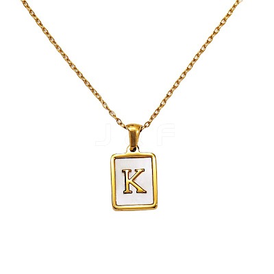 Rectangle 304 Stainless Steel Pave Natural White Shell Initial Pendant Necklaces for Women FS-WGB5EDA-11-1