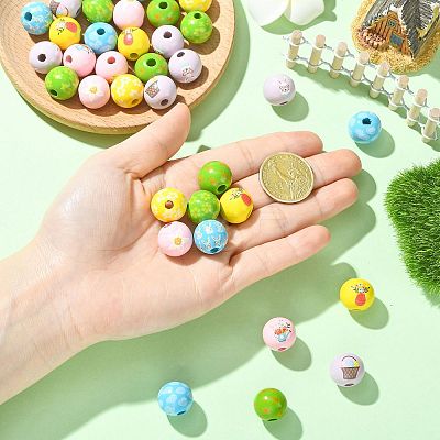 40Pcs 10 Colors Easter Theme Printed Wood Beads WOOD-FS0002-55A-1
