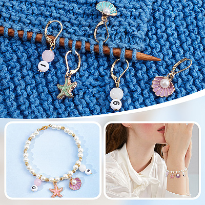 Starfish/Shell/Number Alloy Enamel & Acrylic Pendant Locking Stitch Markers HJEW-AB00585-1