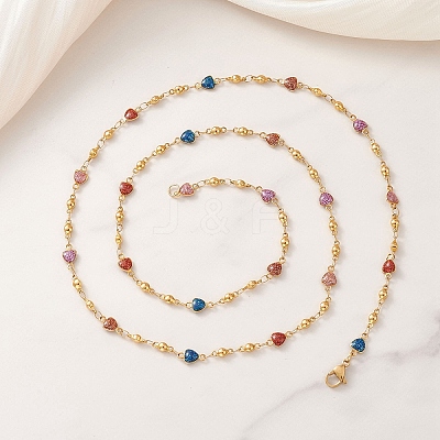 304 Stainless Steel Enamel Colorful Heart Link Chain Necklaces for Women NJEW-JN05899-1