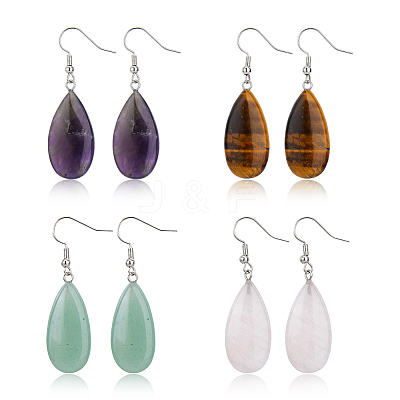 4 Pairs 4 Styles Natural Mixed Stone Teardrop Dangle Earrings with Steel Iron Pins for Women EJEW-FI0003-18-1