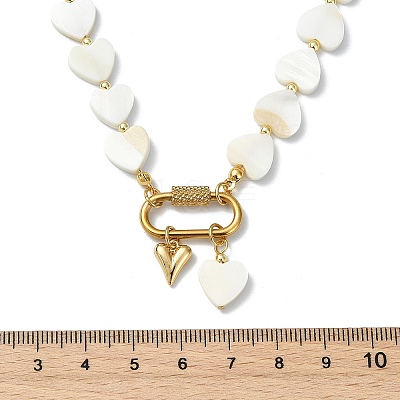 Heart Natural Freshwater Shell Beaded Necklaces with 304 Stainless Steel Screw Carabiner Lock NJEW-JN06202-1