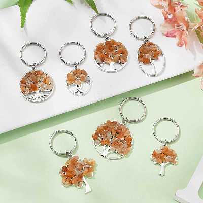 Natural Red Aventurine Chip & Alloy Tree of Life Pendant Keychain KEYC-JKC00648-01-1