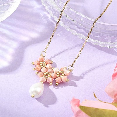 Electroplate Glass Beaded Flower Teardrop Pendant 304 Stainless Steel Cable Chain Necklaces NJEW-MZ00156-1