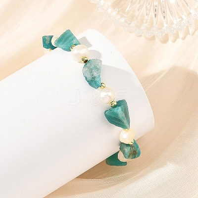 Raw Natural Amazonite Nuggets and Natural Cultured Freshwater Pearl Bead Beaded Bracelets BJEW-JB14387-02-1