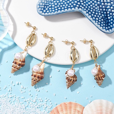 Alloy Natural Shell Beaded Dangle Stud Earrings EJEW-JE06268-1