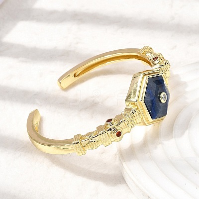 Hexagon Brass Pave Natural Gemstone & Cubic Zirconia Cuff Bangles for Women BJEW-Z172-01G-1