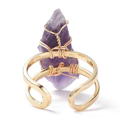 Roungh Raw Natural Gemstone Wire Wrapped Open Cuff Rings for Girl Women RJEW-JR00429-1