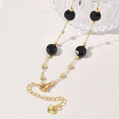 Natural Black Onyx(Dyed & Heated) Faceted Flat Round Beaded Chain Necklaces with Matte Brass Beads GG-CBA37F5-01G-11-1