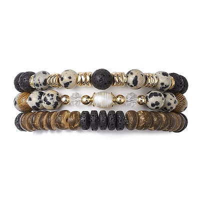 3Pcs 3 Style Natural Lava Rock & Dalmation Jasper & Coconut Beaded Stretch Bracelets Set BJEW-JB09810-1