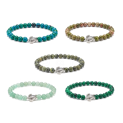 Gemstone Round & Alloy Sea Turtle Beaded Stretch Bracelet for Women BJEW-JB08579-1