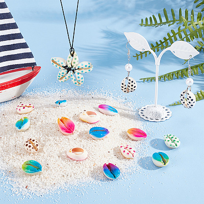 64Pcs 8 Styles Spray Paint & Printed Cowrie Shell Beads SHEL-NB0001-56-1