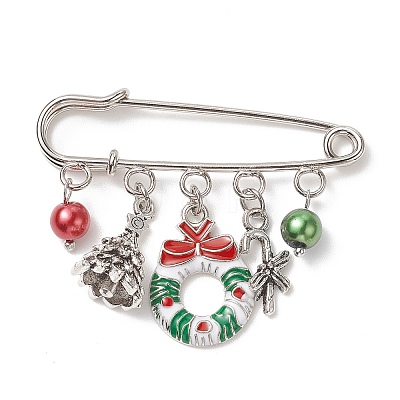 3Pcs 3 Style Christmas Tree & Wreath & Santa Claus & Alloy Enamel Charms Safety Pin Brooch JEWB-TA00011-1