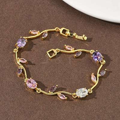Brass Micro Pave Cubic Zirconia Oval & Leaf Link Chain Bracelets for Women BJEW-G764-05G-01-1