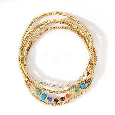 4Pcs Luxury Natural Rutilated Quartz Round Beads & Moonstone & Lapis Lazuli & Malaysia Jade & Glass & Cubic Zirconia & Purple Garnet & Red Garnet & Glass Seed Beads Stretch Bracelet Set for Women AP3962-4-1