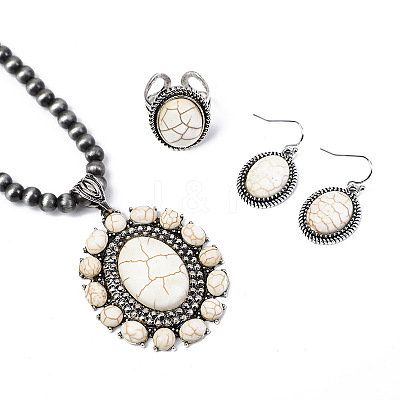 Bohemian Style Oval Alloy & Synthetic Turquoise Pendant Necklaces & Dangle Earrings & Cuff Rings Sets FS-WG676BC-01-1