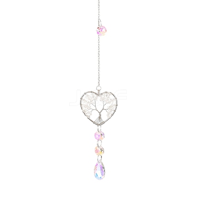 Wire Wrapped Natural Quartz Crystal Heart with Tree of Life Pendant Decorations HJEW-K046-02P-04-1