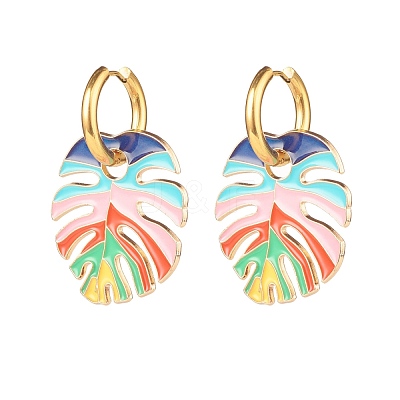 Monstera Leaf Enamel Charm Dangle Hoop Earrings EJEW-JE04853-1