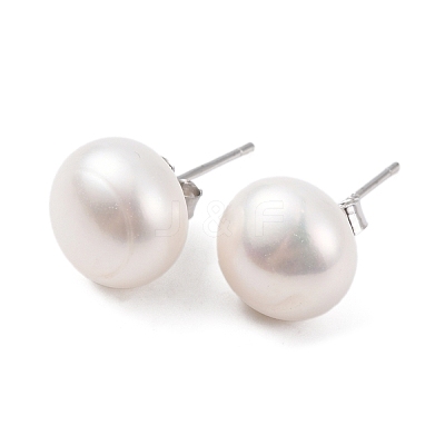 Natural Pearl Round Bead Stud Earrings X-EJEW-E298-01G-01P-1