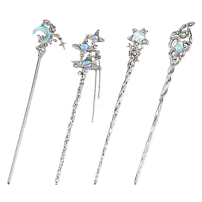 4Pcs 4 Styles Tibetan Style Alloy Resin Hair Sticks OHAR-SC0001-14-1
