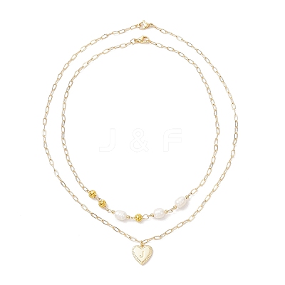 Natural Cultured Freshwater Pearl Rice Beads Brass Heart with Letter Pendant Paperclip Chain Double Layered Necklaces NJEW-JN05378-02-1