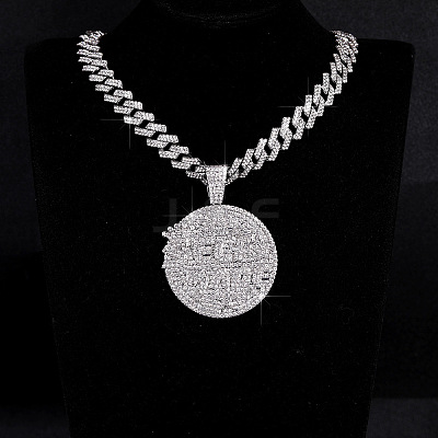 Hip-Hop Alloy Full Crystal Rhinestone Self Made Medal Pendant Cuban Link Chain Necklaces for Men Women FS-WG8D003-07-1