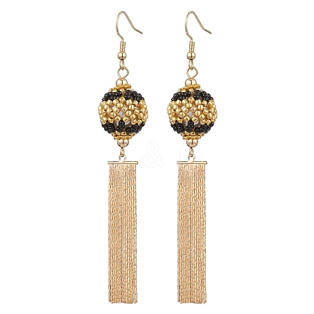 Glass Seed Beads & Brass Tassel Dangle Earrings EJEW-MZ00289-1